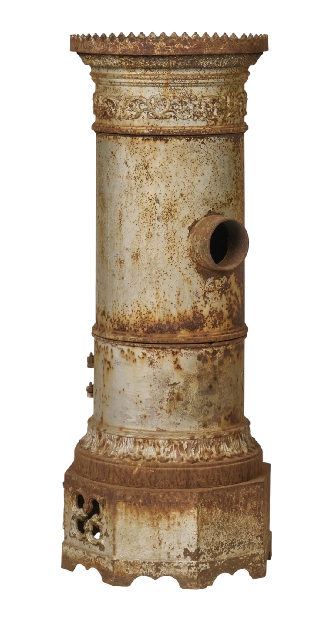 Antique Cast Iron Parlor Stove: Antique cast iron parlor stove with decorative relief details height 41 in. x width 15 in. x depth 17 in. Condition: Crack on top