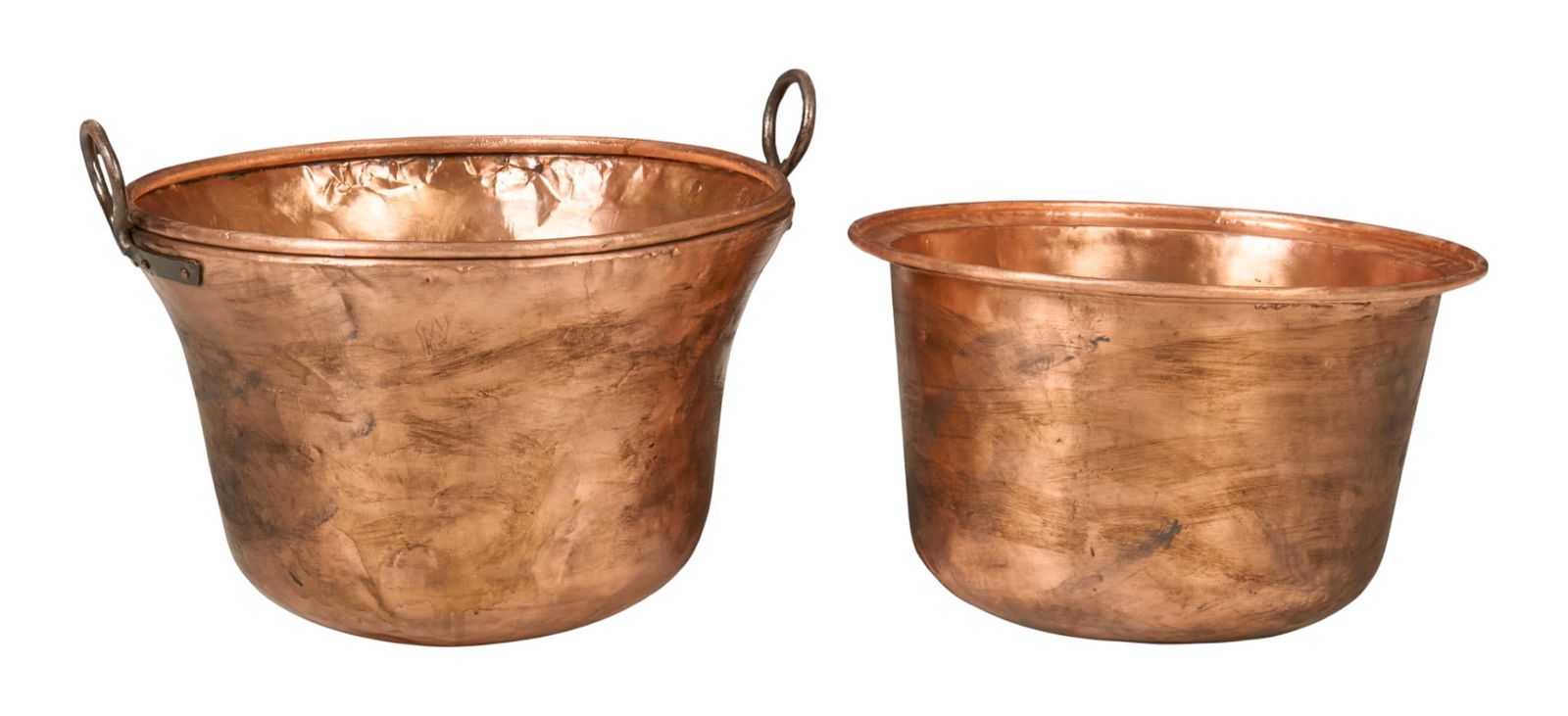 (2) Copper Cauldrons: Two copper cauldrons with penny patina, one with handles height 19 in. x width 27 in. x depth 24 in. / largest