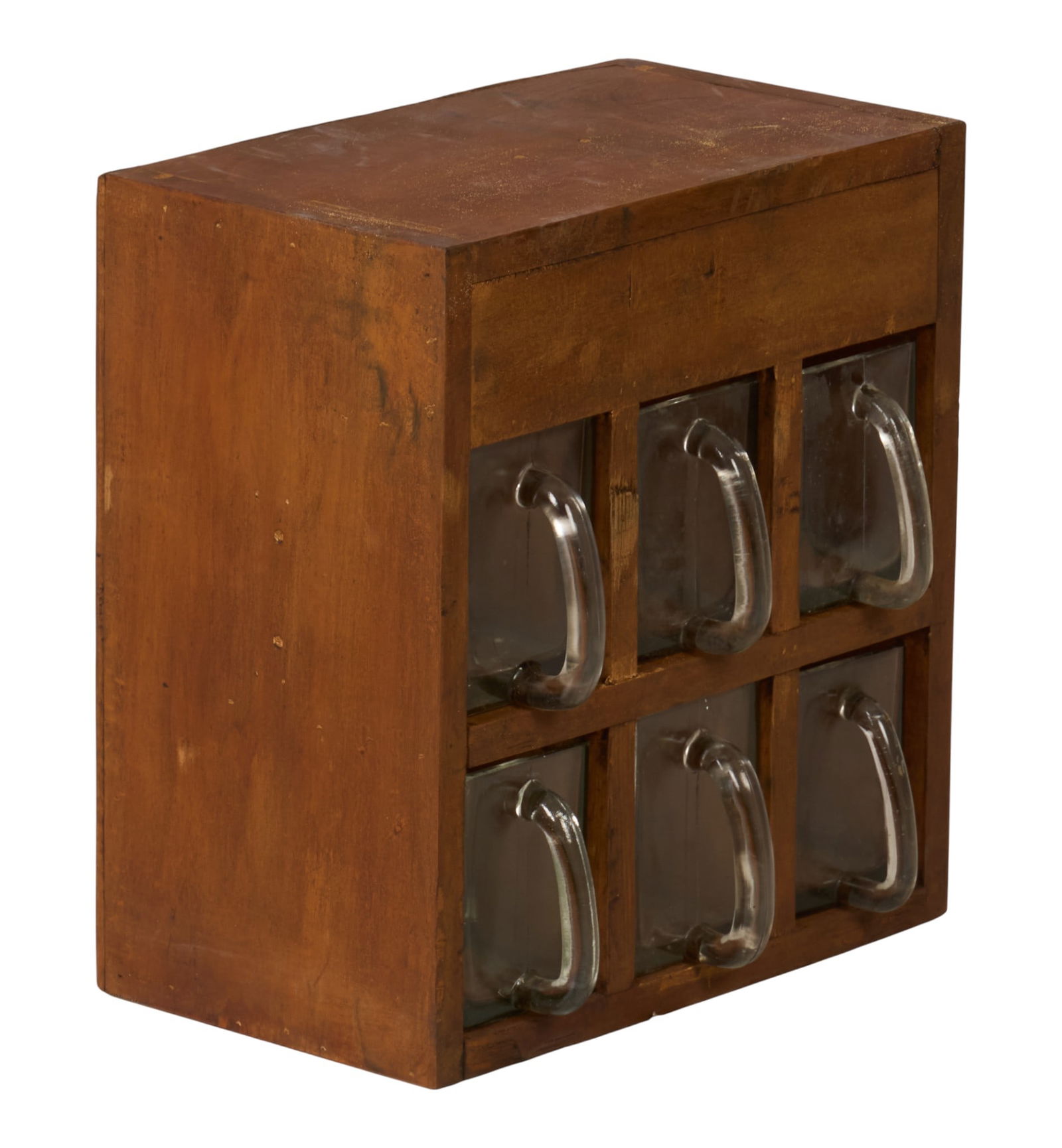 Farmhouse Dry Goods Drawers: Farmhouse dry goods drawers, having twelve handled glass pull-out drawers, supported distressed wooden frameheight 15 in. x width 14 in. x depth 9.5 in. 