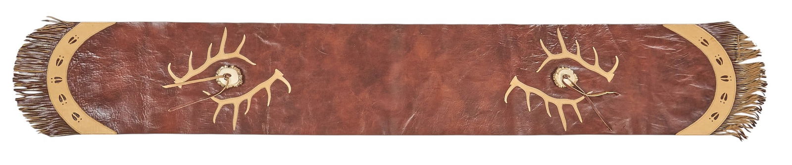 Ranch Style Leather Table Runner: Ranch style leather table runner with fringe detailslength 72 in. x width 11 in. Provenance: Property from the trophy room of longtime hunter Louie Weatherford, from his Beaumont, Texas estate