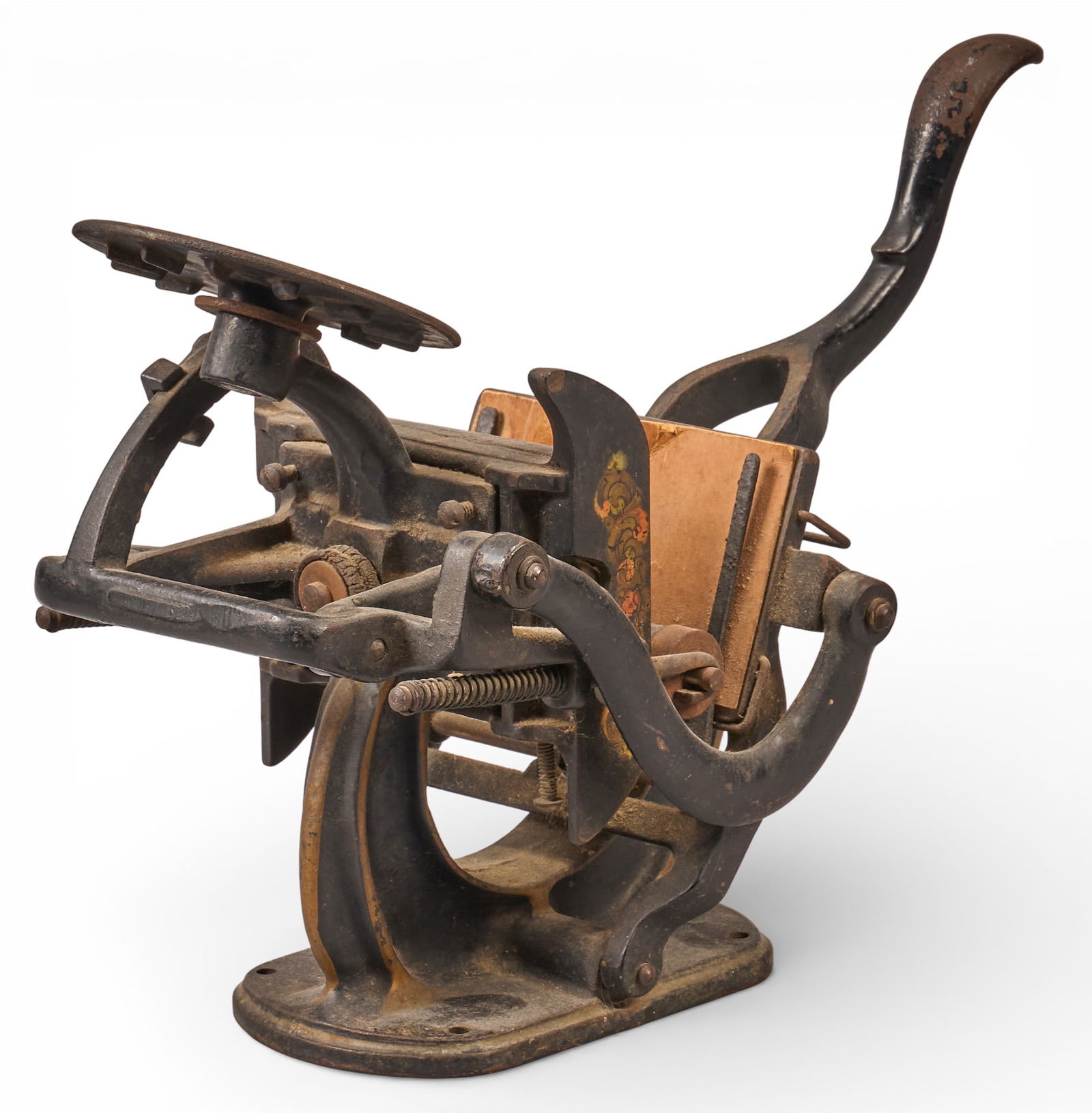 Antique Cast Iron Tabletop Printing Press: Antique cast iron tabletop printing press, circa 19th century height 9.5 in. x width 14 in. x width 7 in. Provenance: Property from a home in Seguin, Texas 