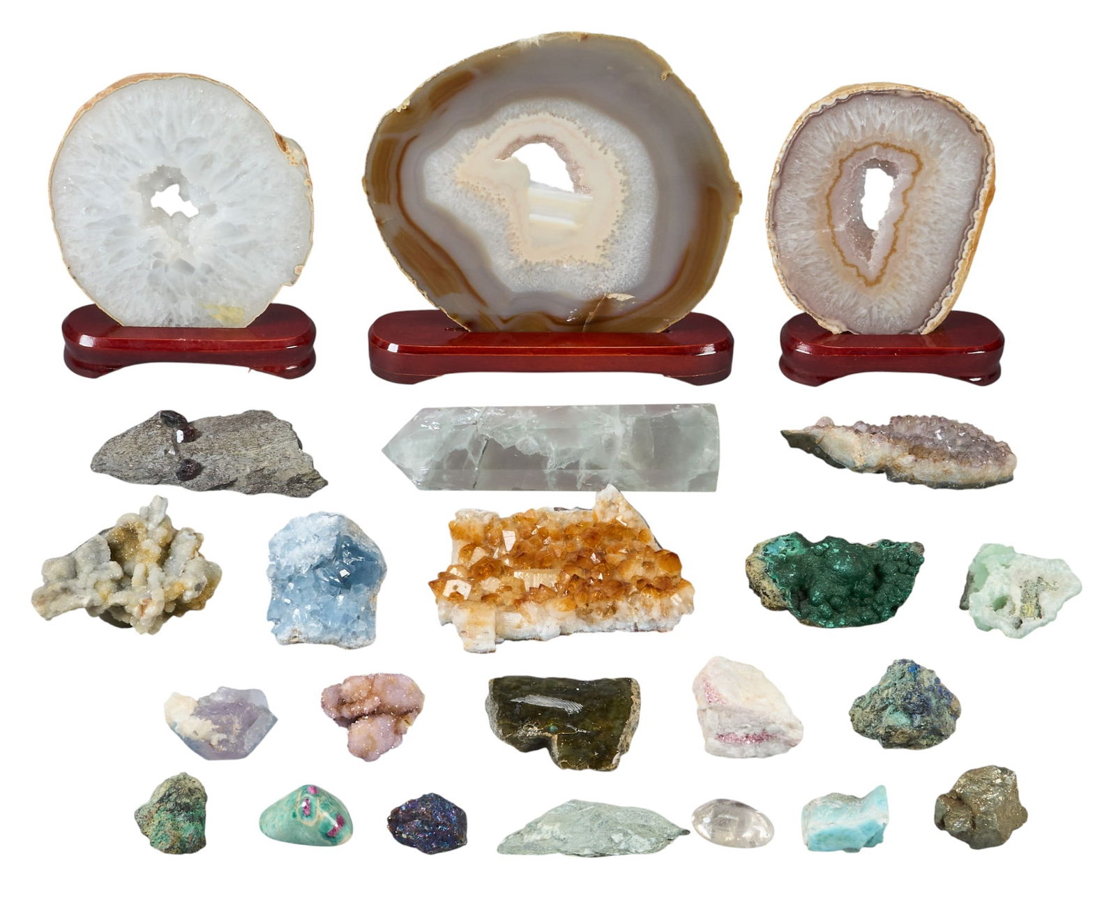 Collection of Geode Specimens: Large collection of various geode specimens, with some types including citrine, azurite, malachite, turquoise, and pyrite, and three display stands, and small basket height 9 in. x width 10 in.
