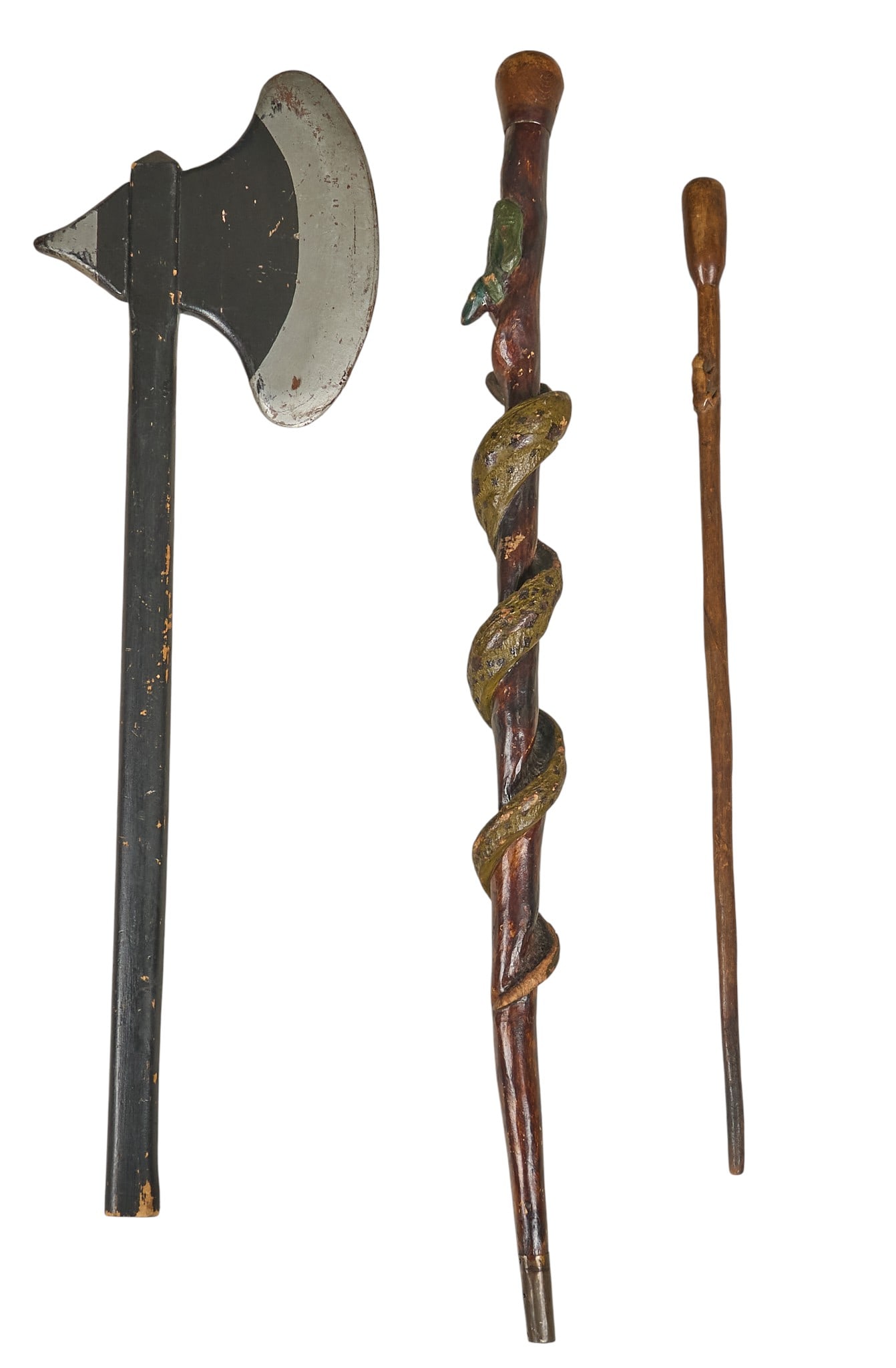 (3) Folk Art Pieces: Two handmade folk art walking sticks and a painted wooden prop axeheight 36 in. x width 11 in. x depth 1 in. / largestProvenance: Property from a home in San Antonio, Texas 