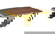 Industrial Platform Cart Table: Vintage industrial platform cart, repurposed as a table, with wooden plank top with a yellow painted metal frame and two wheelsheight 14 in. x width 44 in. x depth 32 in.
