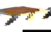 Industrial Platform Cart Table: Vintage industrial platform cart, repurposed as a table, with yellow-painted plank top on iron wheels, marked "RAFIN. 27"height 13.5 in. x width 39 in. x depth 31.5 in.