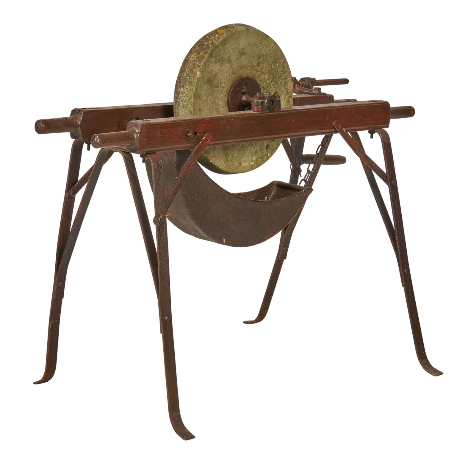 Rustic Ginding Wheel: Rustic grinding wheel with stone wheel, in wood and iron frame height 34 in. x width 45 in. x depth 20.5 in. 