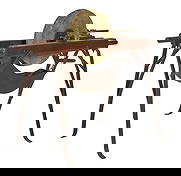 Rustic Ginding Wheel: Rustic grinding wheel with stone wheel, in wood and iron frame height 34 in. x width 45 in. x depth 20.5 in.