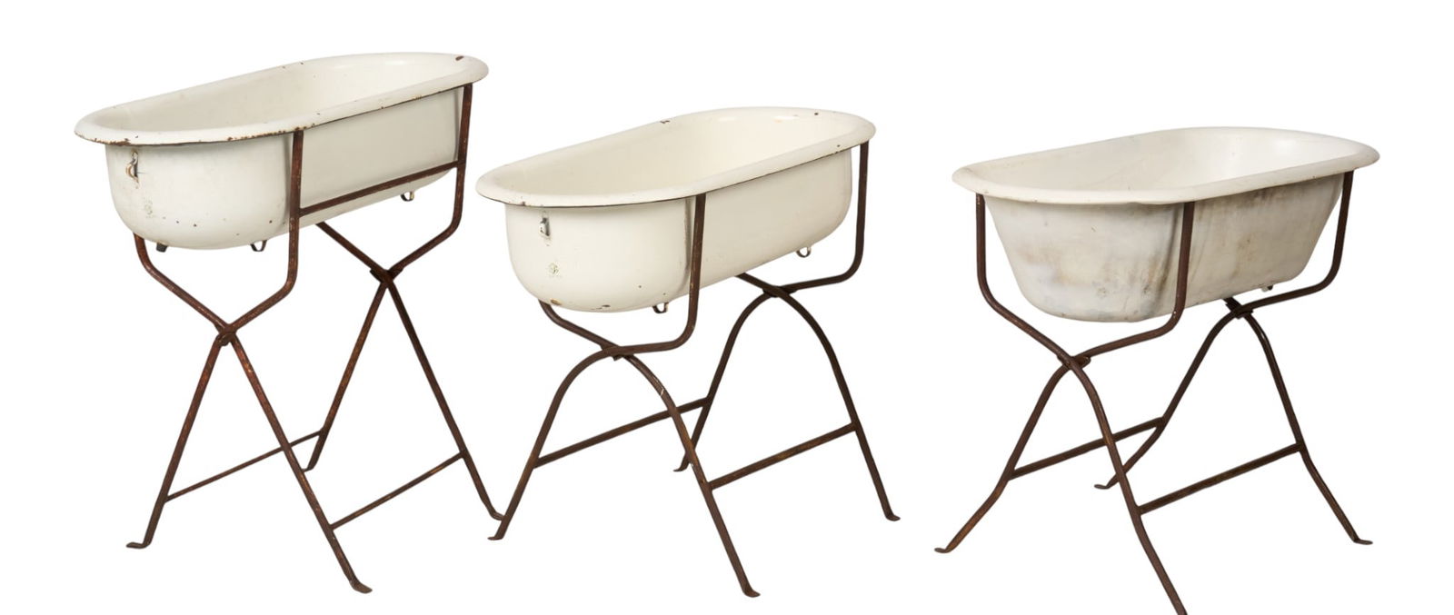 (3) Enamel Tubs: Three enamel washtubs on folding iron standsheight 33.5 in. x width 36 in. x depth 18 in. / largest