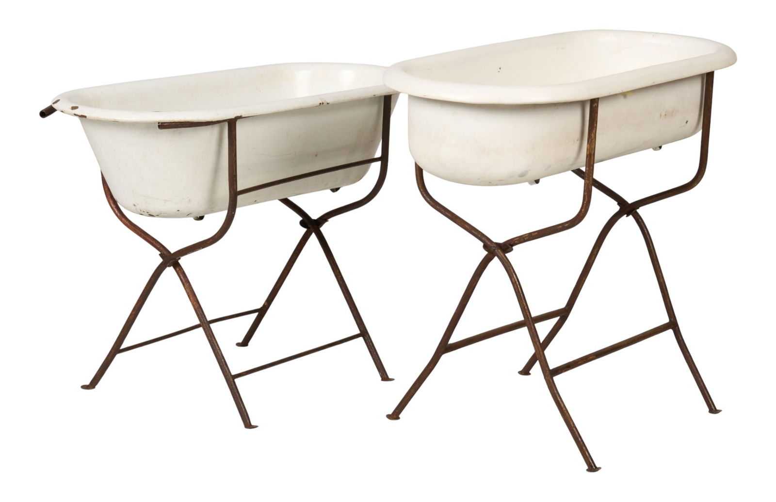 (2) Enamel Tubs on Stands: Two enamel washtubs on folding rustic iron standsheight 32 in. x width 40 in. x depth 18 in. / largest