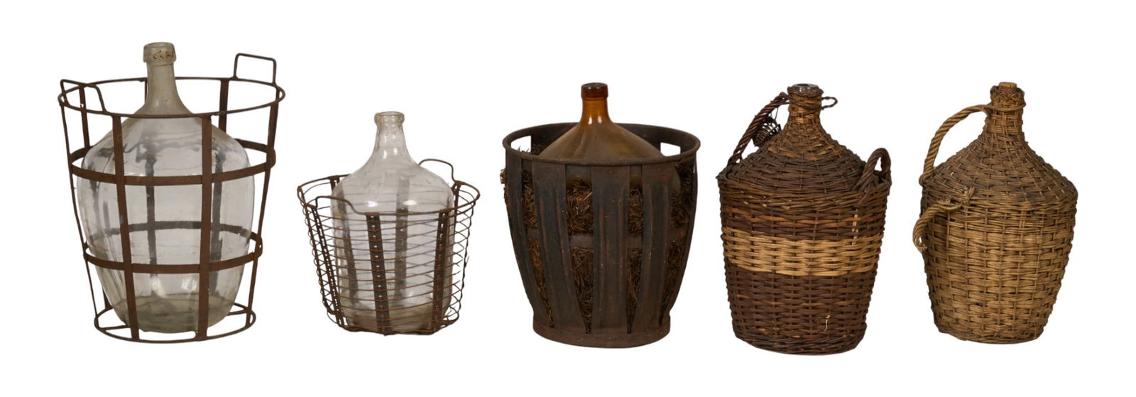 (5) Demijon: Collection of five glass demijon, with three in metal cages, and two in wicker containersheight 23 in. x width 20 in. x depth 19 in. / largest