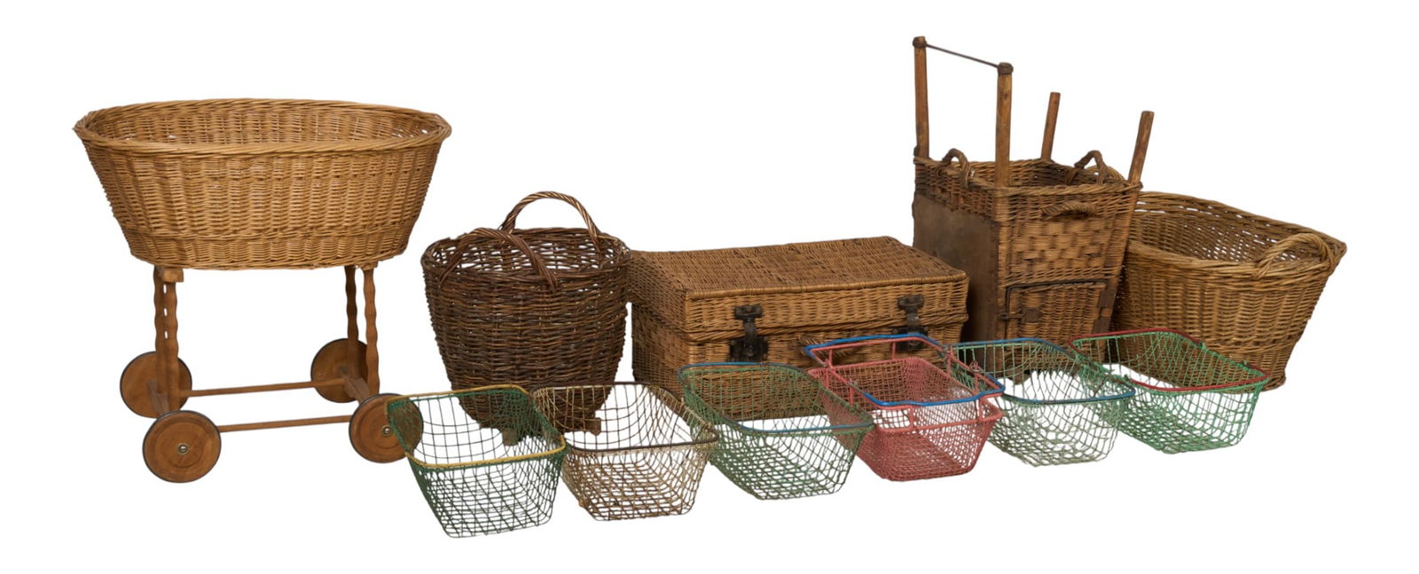 Collection of Wicker and Wire Baskets: A collection of various wicker and wire baskets, including a large basket on wheels, several handled baskets, a wicker trunk, and wire mesh basketsheight 25 in. x width 28 in. x depth 14 in. / largest