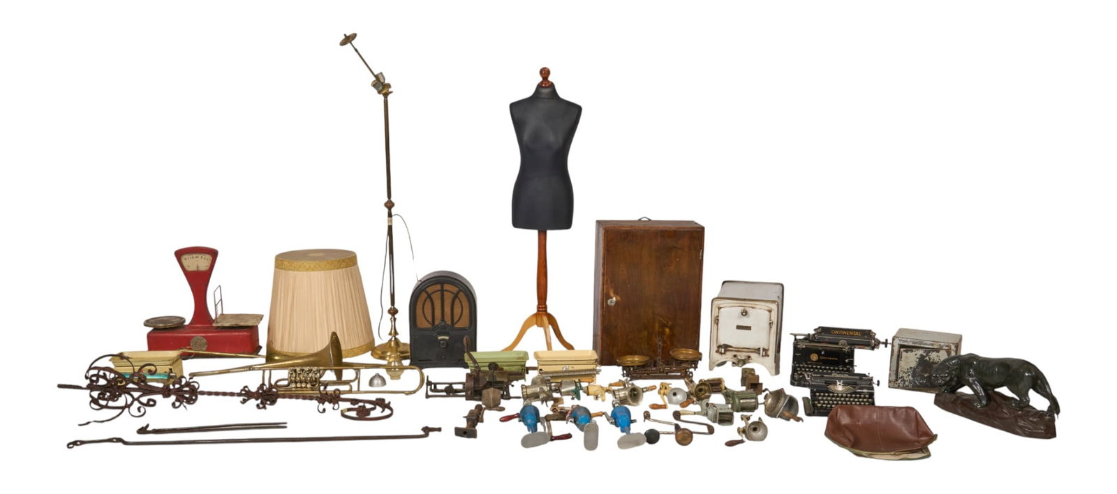 Collection of Rustic Decor: Collection of various vintage decor and items, with drills, typewristers, instruments, and others height 45 in. x width 15 in. x depth 6 in. / largest