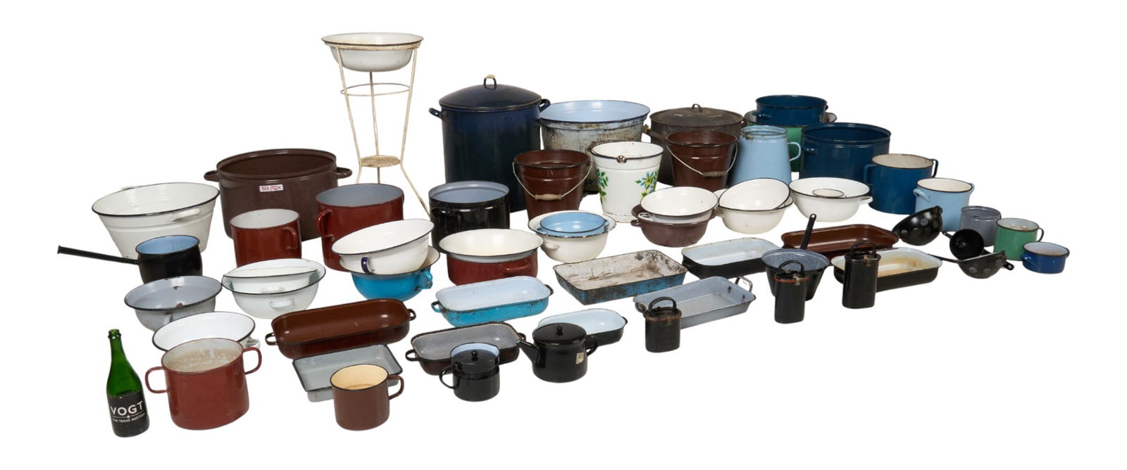 Collection of Enamelware: Large collection of enamelware, with buckets, bowls, and potsheight 31 in. x width 17 in. x depth 18 in. / largest