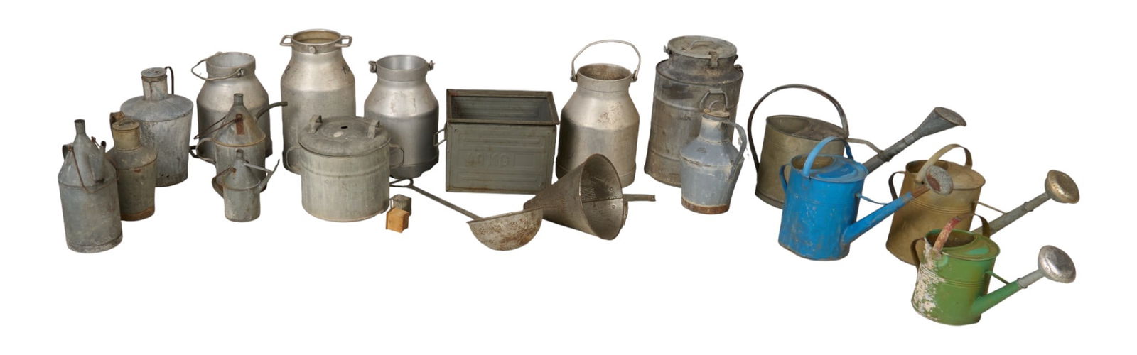 Collection of Galvinized Items: Collection of galvinized metal items, with funnels, watering cans, and cannistersheight 31 in. x width 17 in. x depth 18 in. 