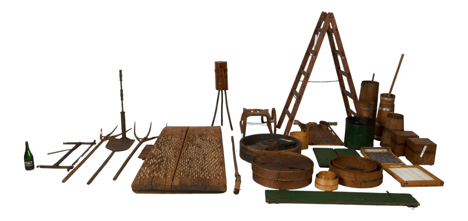 Collection of Rustic Tools: Collection of rustic tools, and farmhouse equpment, with ladder, churns, rakes, butcher block, and others 