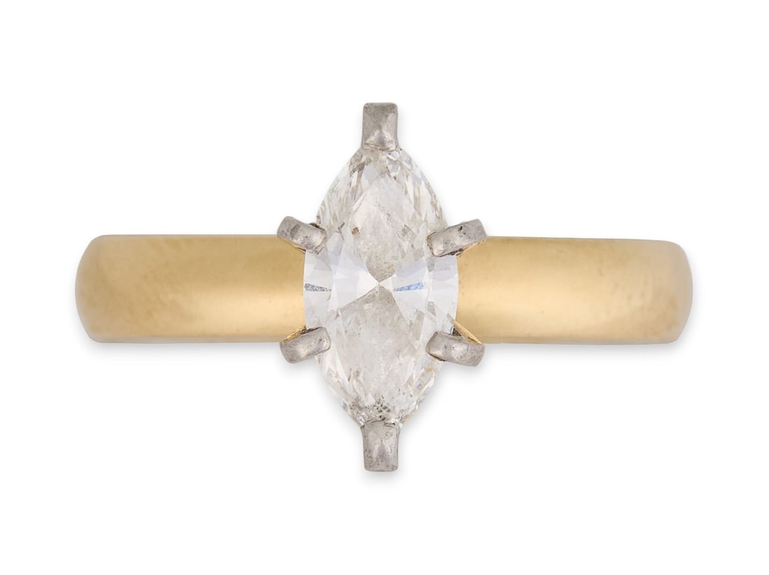 14K Marquise Diamond Engagement Ring: 14K yellow gold (tested) diamond solitaire engagement ring, featuring single marquise brilliant cut diamond, approximately 0.67 ct, F color and SI2 clarity, with EGL gem passport Size: 5Total wei