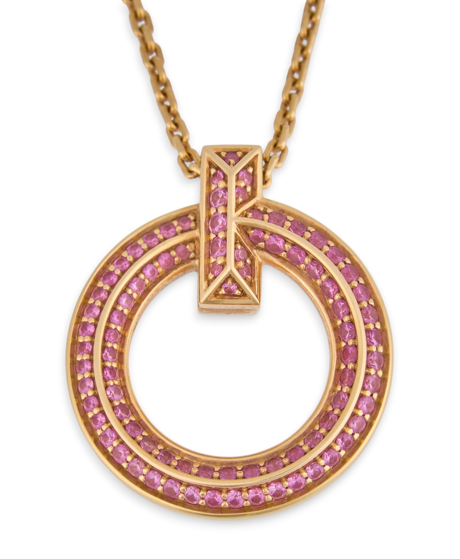 Tiffany & Co. 18K Rose Gold & Pink Sapphire Pendant Necklace: Tiffany & Co. T1 Circle pendant necklace, in 18K rose gold with inlaid pink sapphires in circle motif, marked "Tiffany & Co." and "Au750 Italy", with original box Length: 1