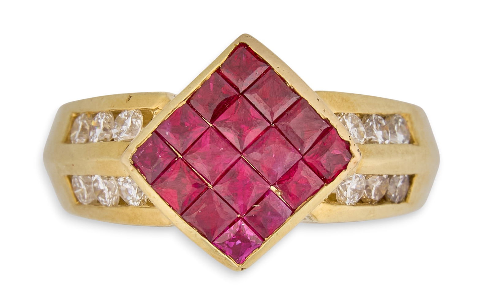 18K Ruby & Diamond Ring: 18K yellow gold ring with ruby center stones, surrounded by round diamond details, ring marked "18K" Size: 6.5Total weight: 12.81 g Provenance: Property from a home in San Antonio, Texas