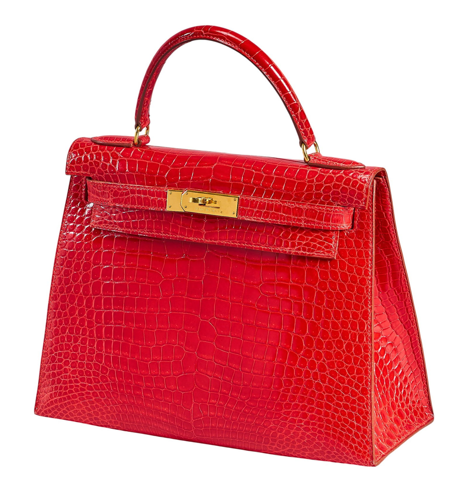 Rare Hermes Kelly 28 Sellier Crocodile Handbag: Rare Hermes Kelly 28 Sellier handbag in shiny braise porosus crocodile leather, with crocodile leather handle, and golden hardware, stamped Z in a circle, circa 1996, includes keys in clochette,