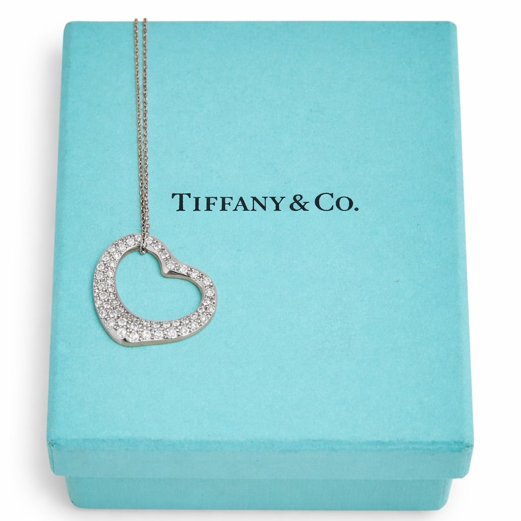 Tiffany & Co. Elsa Peretti Platinum & Diamond Necklace: Tiffany & Co. Elsa Peretti Open Heart platinum pendant necklace, featuring pav diamond pendant, marked "Tiffany & Co." and "PT 950", with boxLength: 16 in. Total weight: