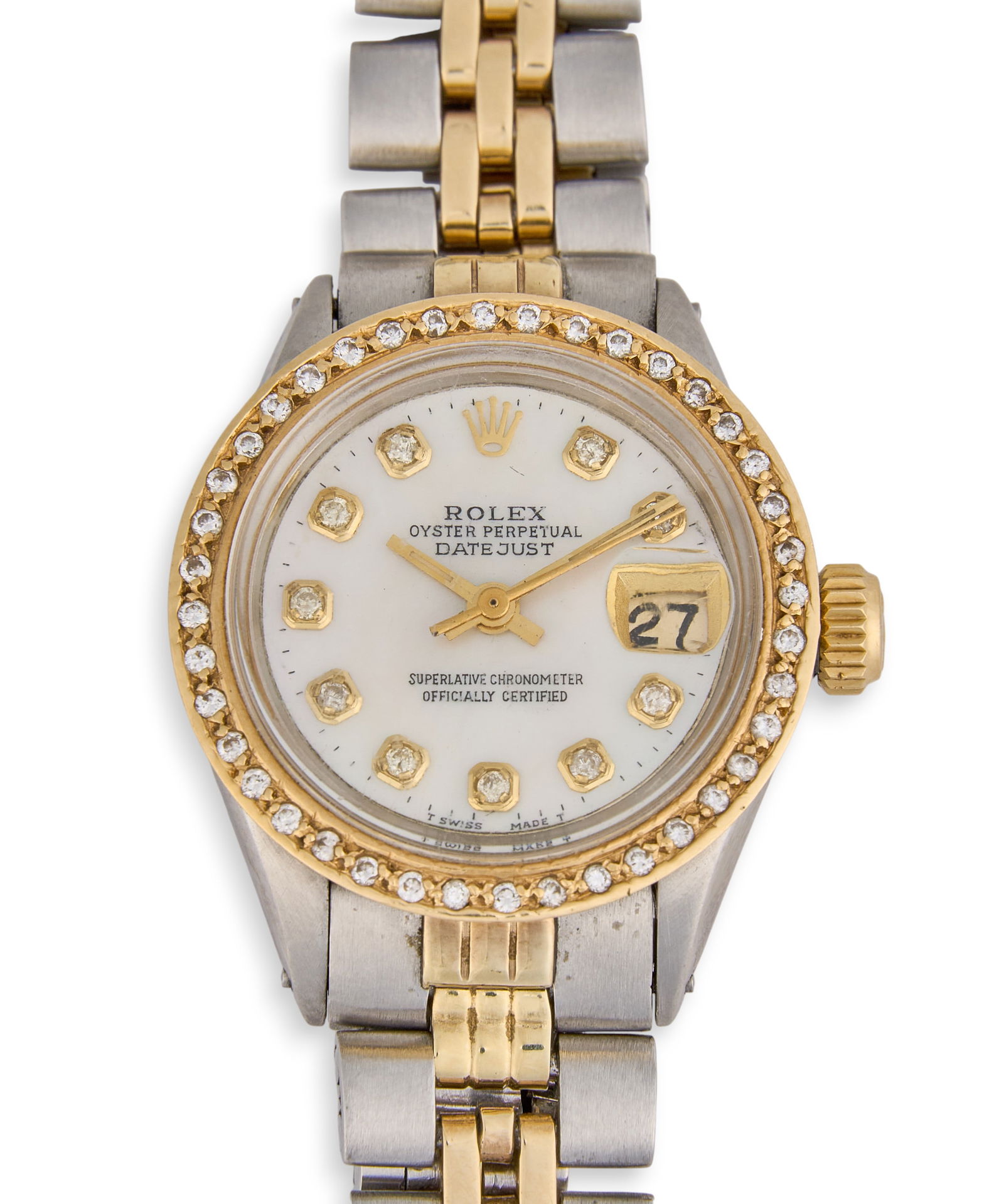 Rolex Datejust Wristwatch: Rolex Lady-Datejust wristwatch, stainless steel and yellow gold, round 26mm case with diamond-set bezel, mother-of-pearl dial with applied diamond hour markers, magnified date window and gold tone