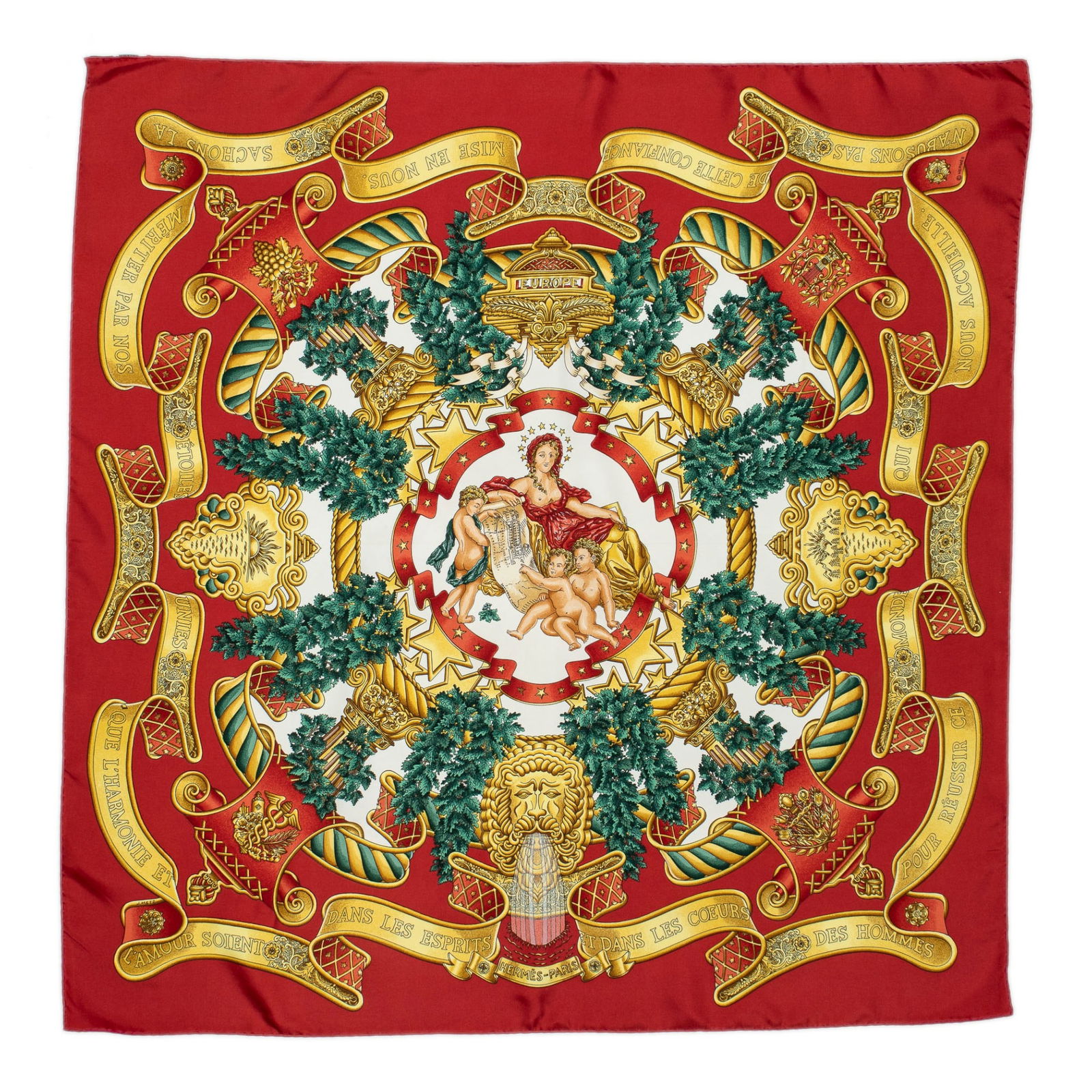 Hermes Europe Silk Scarf: Hermes Europe silk scarf in red, white, and green twill silk, designed by Joachim MetzSquare 35.5 in. Condition: A; excellent condition, showing little signs of wear