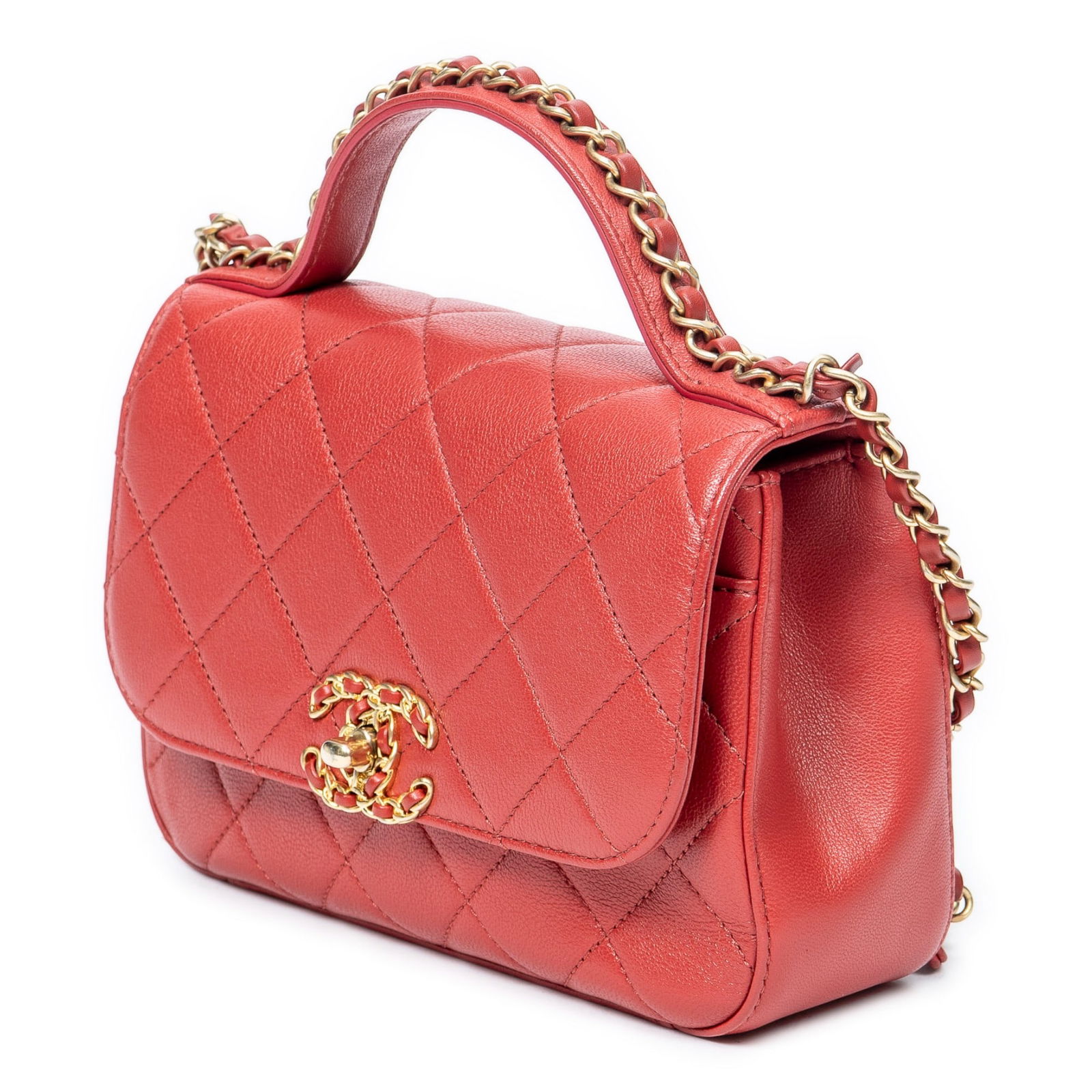 Chanel Small Chain Infinity Top Handle Shoulder Bag: Chanel Small Chain Infinity Top Handle shoulder bag in red quilted calfskin leather, with gold-toned hardware, and interlaced chain, marked 28460358 (2019), includes sticker; third-party
