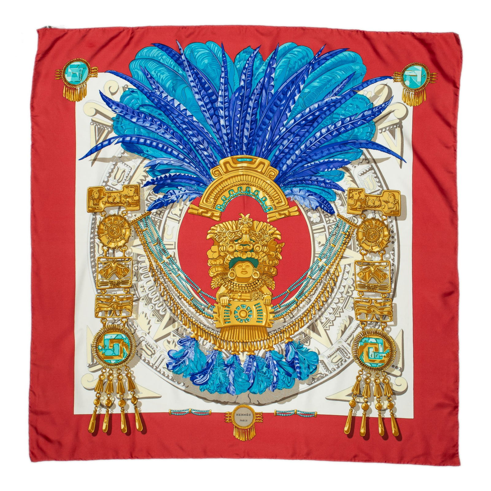 Hermes Mexique Silk Scarf: Hermes Mexique silk scarf in red, blue, and gold twill silk, designed by Caty LathamSquare 35.5 in. Condition: A; excellent condition, showing little signs of wear.
