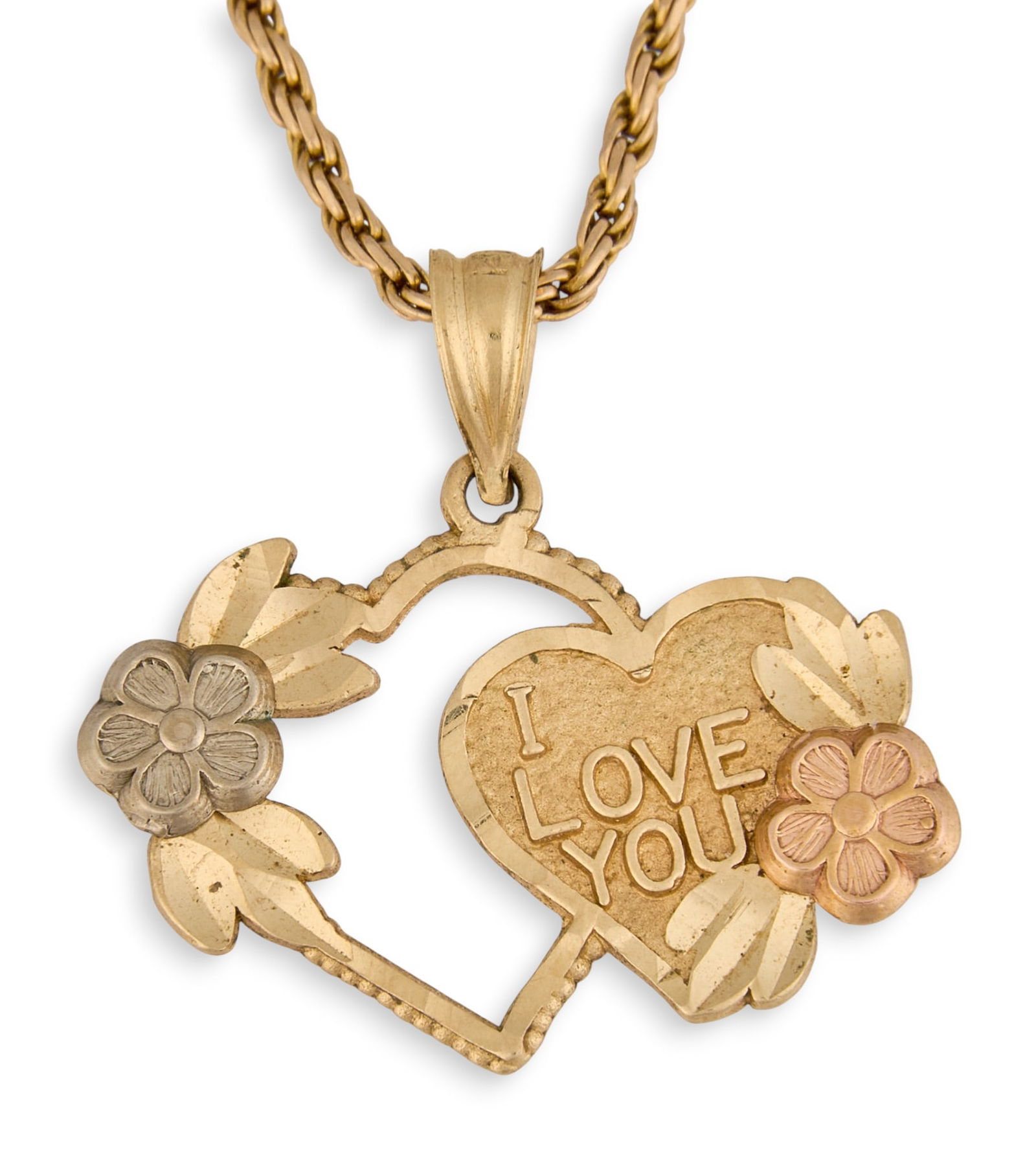 14K Children's "I Love You" Pendant Necklace: 14K yellow gold pendant necklace, with dual-tone pendant reading "I Love You", with heart and flower motifs, pendant bail and chain marked "14K"Size: 12.5 in. Total weight: 3.8