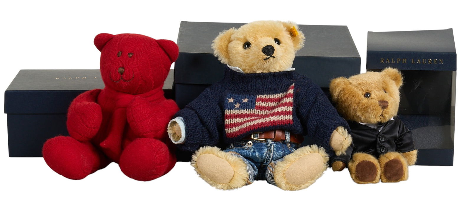 (3) Ralph Lauren Teddy Bears: Collection of three Ralph Lauren stuffed teddy bears, includes one brown bear with mini American Flag sweater and denim jeans, one solid red bear, and one small tan bear in tuxedo, all with