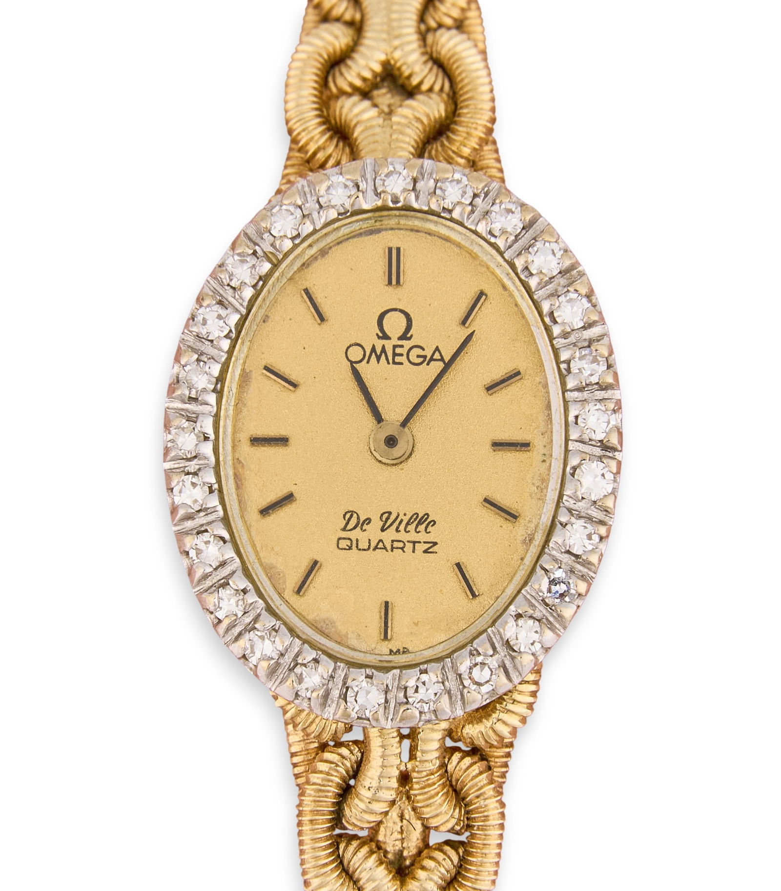 Omega 14K Diamond Watch: Omega 14k yellow gold wrist watch with ring of diamonds around bezel, with chain link strap, marked "Omega, De Ville Quartz" on clock face, marked "14k Gold" on backCircumference: