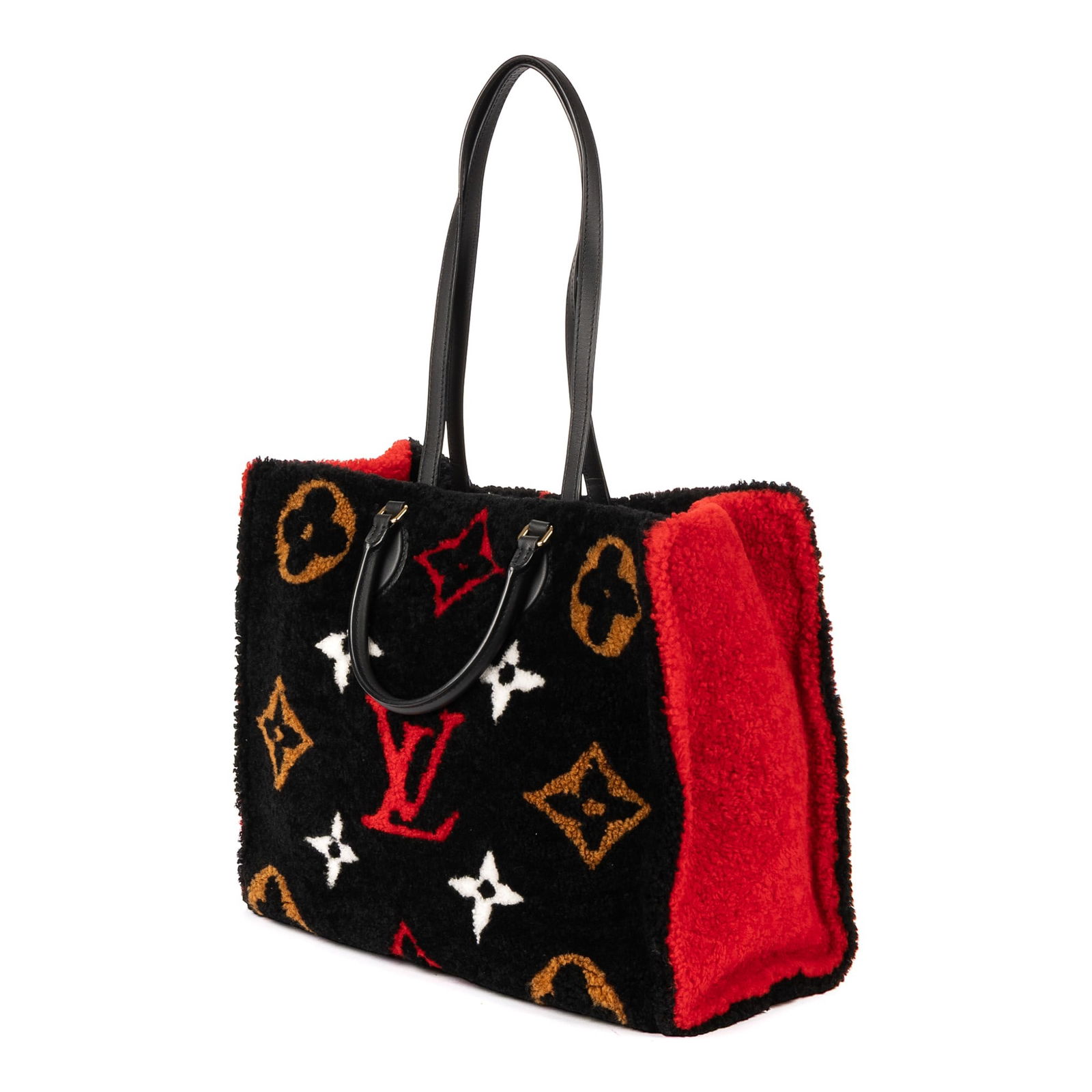 Louis Vuitton Limited Edition Teddy Collection OnTheGo Tote Bag GM Travel Bag: Louis Vuitton Limited Edition Teddy Collection OnTheGo Tote Bag GM travel bag in black, brown, red, and white monogram pattern fur, black leather handles, gold hardware, marked Chip, includes dust