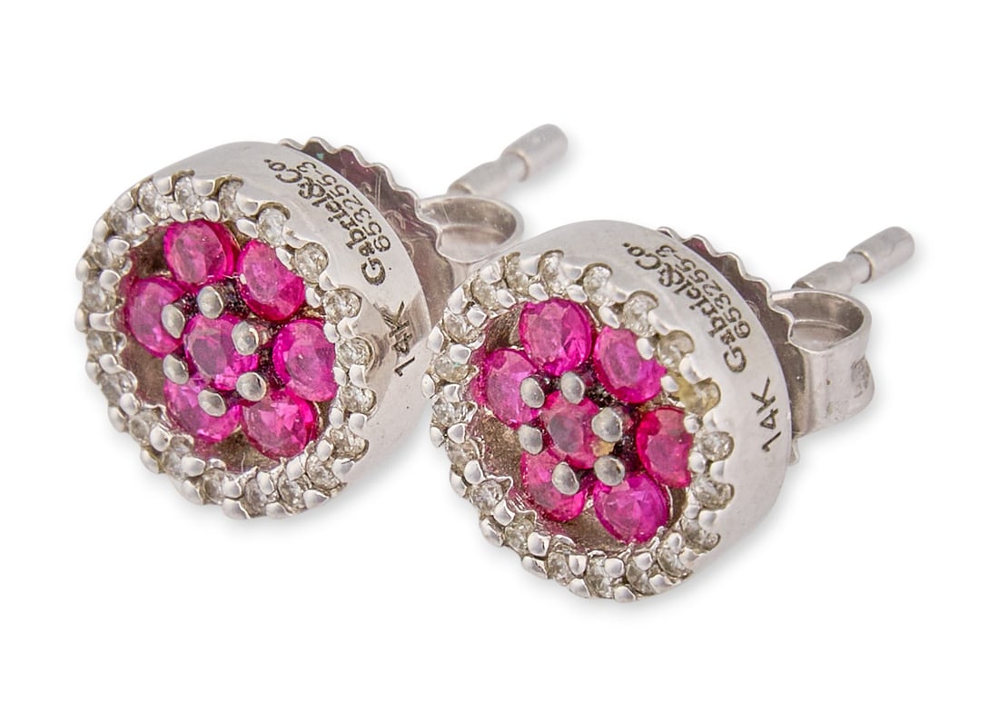 14K Ruby Diamond Cluster Studs - 2
