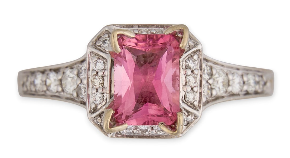 14K Pink Sapphire & Diamond Ring: 14K white gold ring, featuring a rectangular step-cut pink sapphire center stone framed by round brilliant-cut diamond accents to the shoulders, marked “14K 585.”Size: 7 Total weight: 3.5