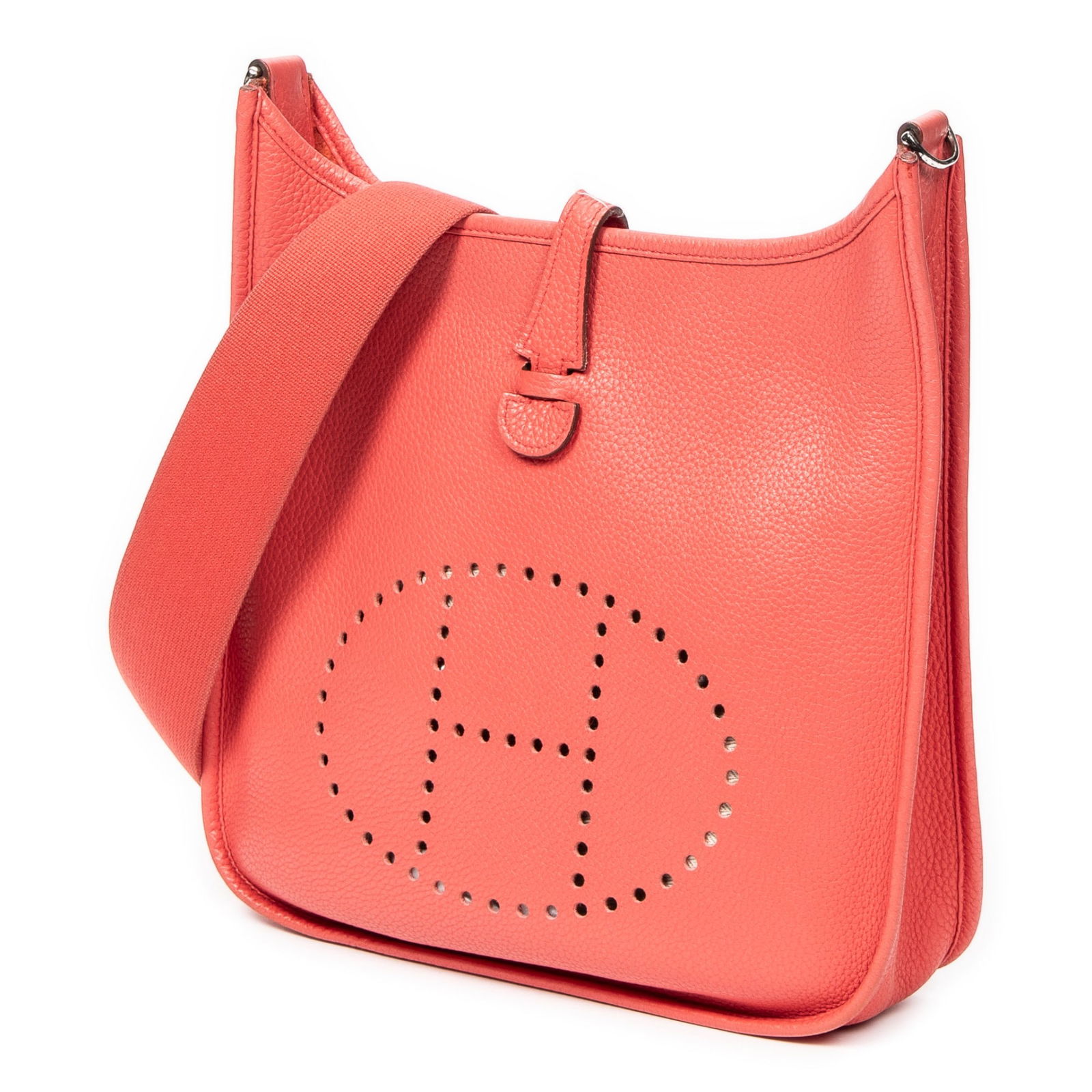 Hermes Evelyne I PM Shoulder Bag: Hermes Evelyne I PM shoulder bag in rose azalee clemence leather, with palladium hardware, stamped N in Square (2010), includes strap, box, dustbag; third-party authenticated11.5 in. x 11.75 in.
