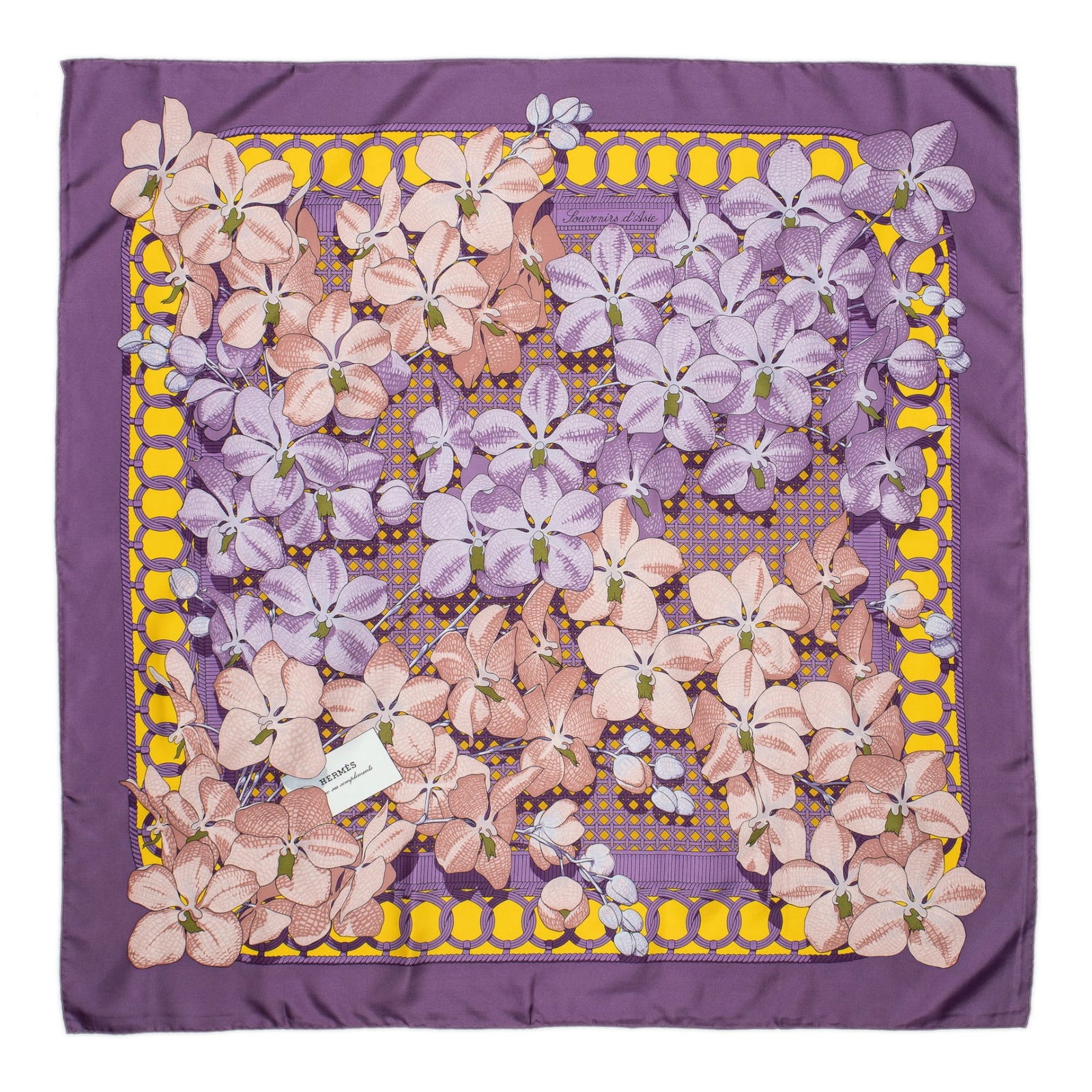 Hermes Souvenirs d’Asie Silk Scarf: Hermes Souvenirs d’Asie silk scarf in purple and yellow twill silk, designed by Vladimir Rybaltchenko; hand-rolled edges; includes paper caseSquare 35.5 in. Condition: AA; perfect condition,