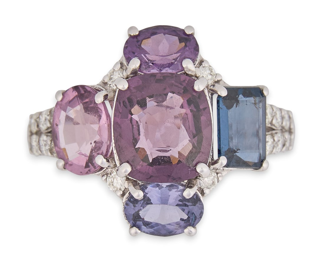 Oscar Friedman Platinum Multi-Spinel & Diamond Ring: Oscar Friedman platinum ring, set with a central spinel (2.04 ct), surrounded by additional spinel stones (approx. 2.81 ctw), with round brilliant-cut diamond accents (approx. 0.29 ctw), marked