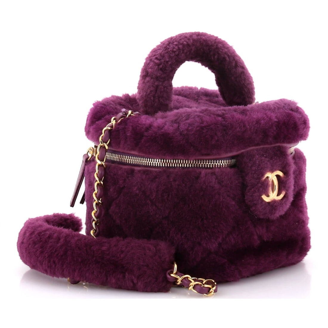 Chanel Shearling Top Handle Vanity Crossbody Shoulder Bag: Chanel Shearling Top Handle Vanity Crossbody shoulder bag in purple shearling canvas, with gold-toned hardware, marked C3TNKXHL, includes metal plate production code, mirror; third-party