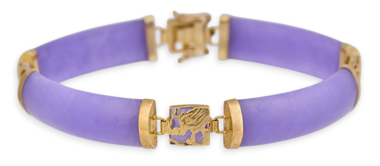 14K Chinese Lavender Jade Bracelet: 14K yellow gold Chinese lavender jade bracelet, marked "14K 585"Length: 6.75 in. Total weight: 14.5 gProvenance: Property from a home in San Antonio, Texas