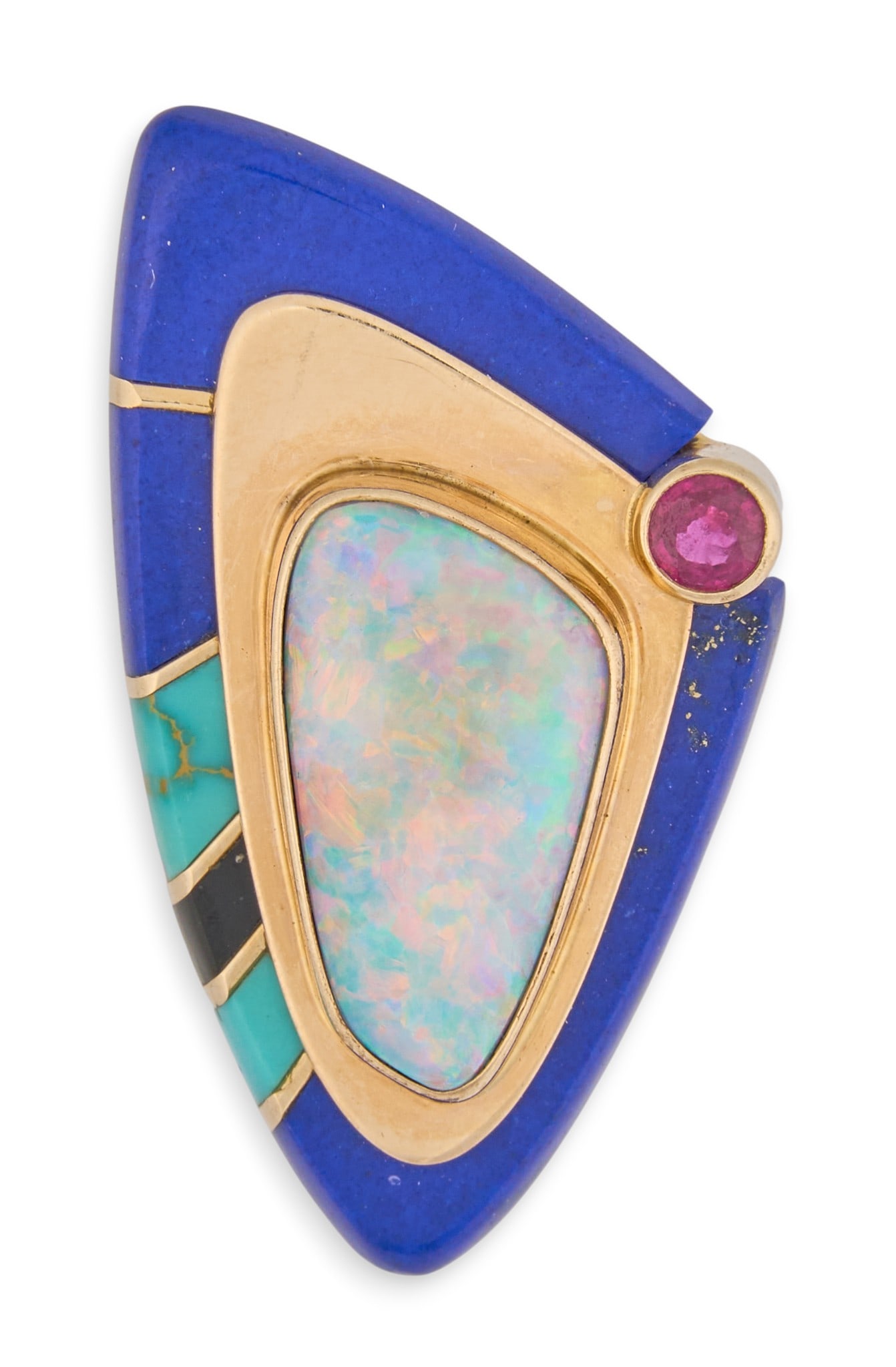 Raoul Sosa, 14K Multi-Stone Inlay Ring: Raoul Sosa 14K yellow gold ring in an abstract, sculptural design, featuring inlaid lapis, turquoise, and opal, accented by a bezel-set ruby, signed “Raoul Sosa, Santa Fe, NM” and marked &