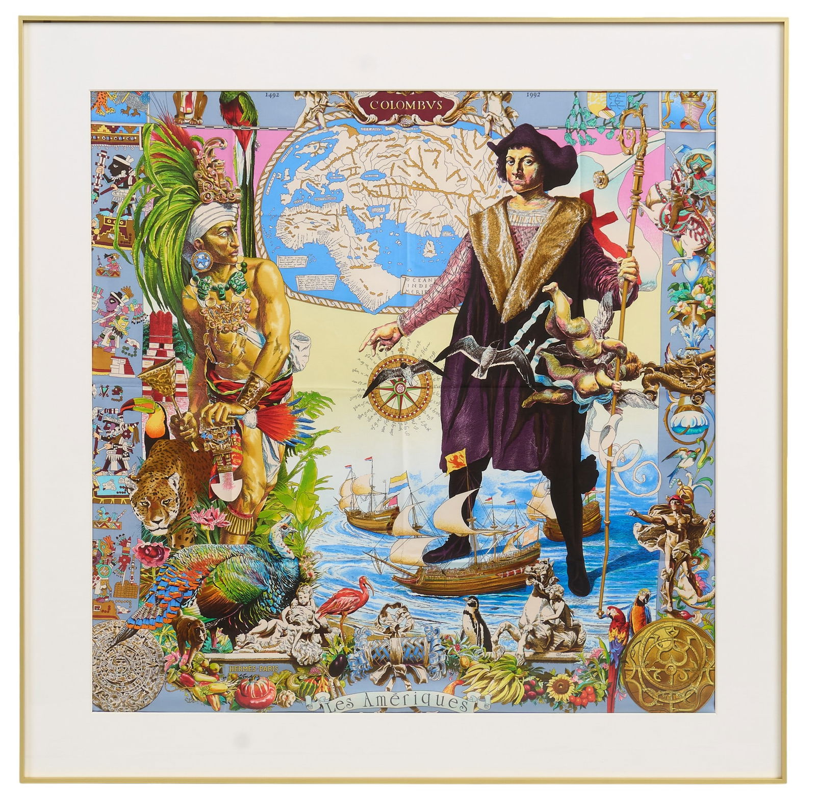 Kermit Oliver / Hermes, "Les Ameriques": Kermit Oliver (Texas, b. 1943) designing for Hermes Paris, "Les Ameriques", silk square scarf, hand-rolled and stitched edges, framed Condition AA; perfect condition, appears to have not bee