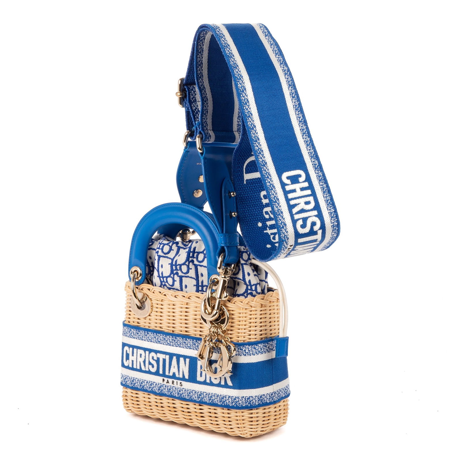 Dior Lady Dior Wicker Oblique Mini Shoulder Bag: Dior Lady Dior Wicker Oblique Mini shoulder bag in blue/white/beige embroidered canvas, with blue leather handles, and gold-toned hardware, marked 63-MA-0252, includes strap, Dior charm; third-party