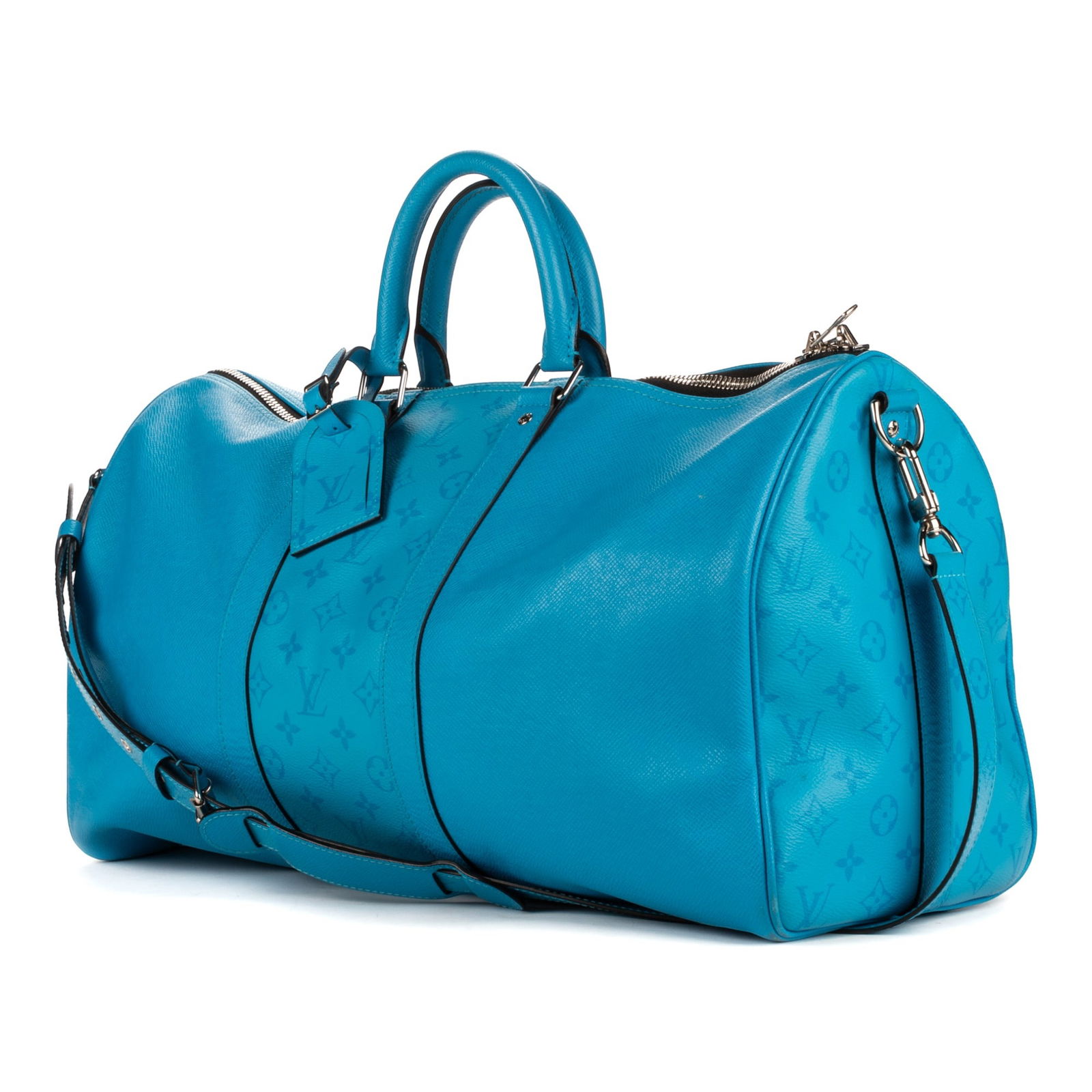 Louis Vuitton Ltd. Ed. Taigarama Keepall 50 Travel Bag: Louis Vuitton Ltd. Ed. Taigarama Keepall 50 travel bag in turquoise monogram taigarama, with turquose leather handles, removable adjustable strap, and silver hardware, marked BA0270, includes strap, l