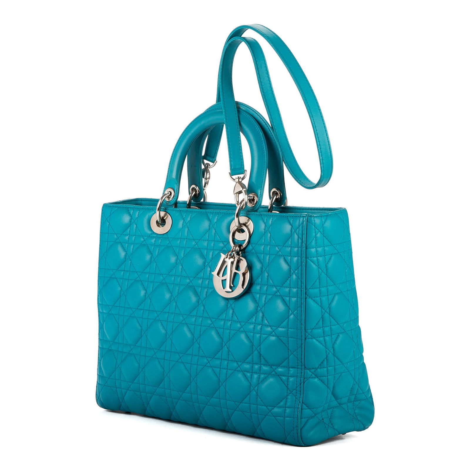 Dior Lady Dior Large Shoulder Bag: Dior Lady Dior Large shoulder bag in blue cannaged leather, with blue leather handles, and silver hardware, marked 18-MA-0133, includes strap, booklet, card, dior charm; third-party authenticated 12.5