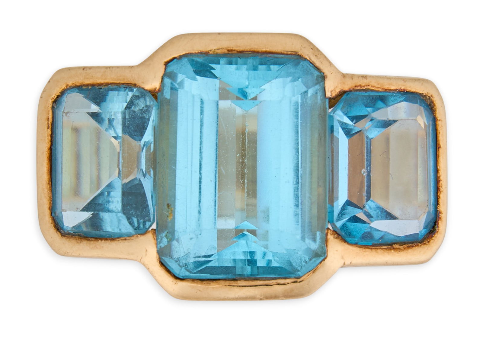 14K Topaz Ring: 14K yellow gold ring with central emerald-cut topaz, flanked by two more emerald-cut topaz stones, marked "14K", with approx. appraisal value at $3,495.00 Size: 8.5Total weight: 26.5 g Prove