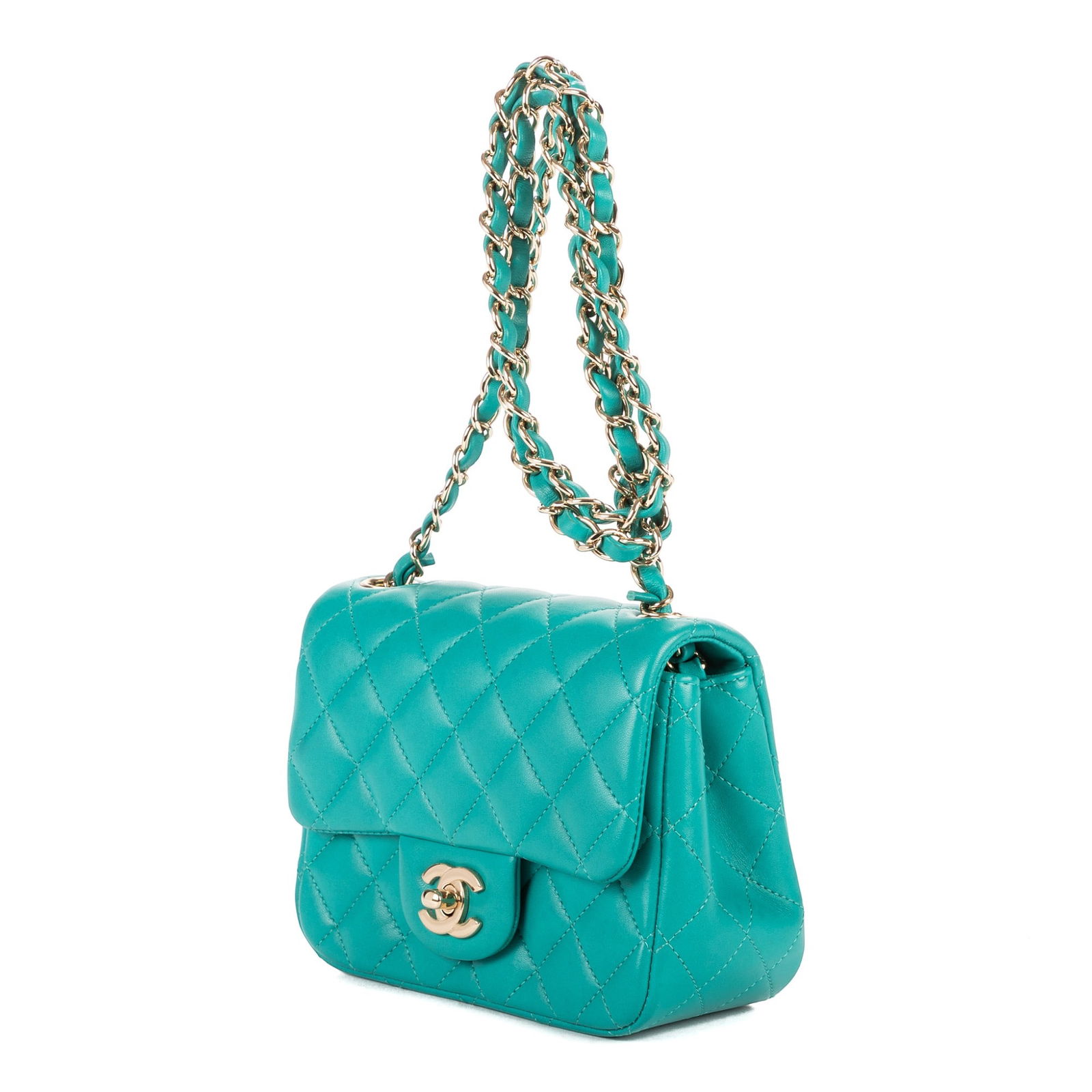 Chanel Classic Mini Flap 17 Shoulder Bag: Chanel Classic Mini Flap 17 shoulder bag in turquoise blue quilted smooth leather, with interlaced chain strap, and champagne gold hardware, marked 23511199, includes dust bag; third-party authen
