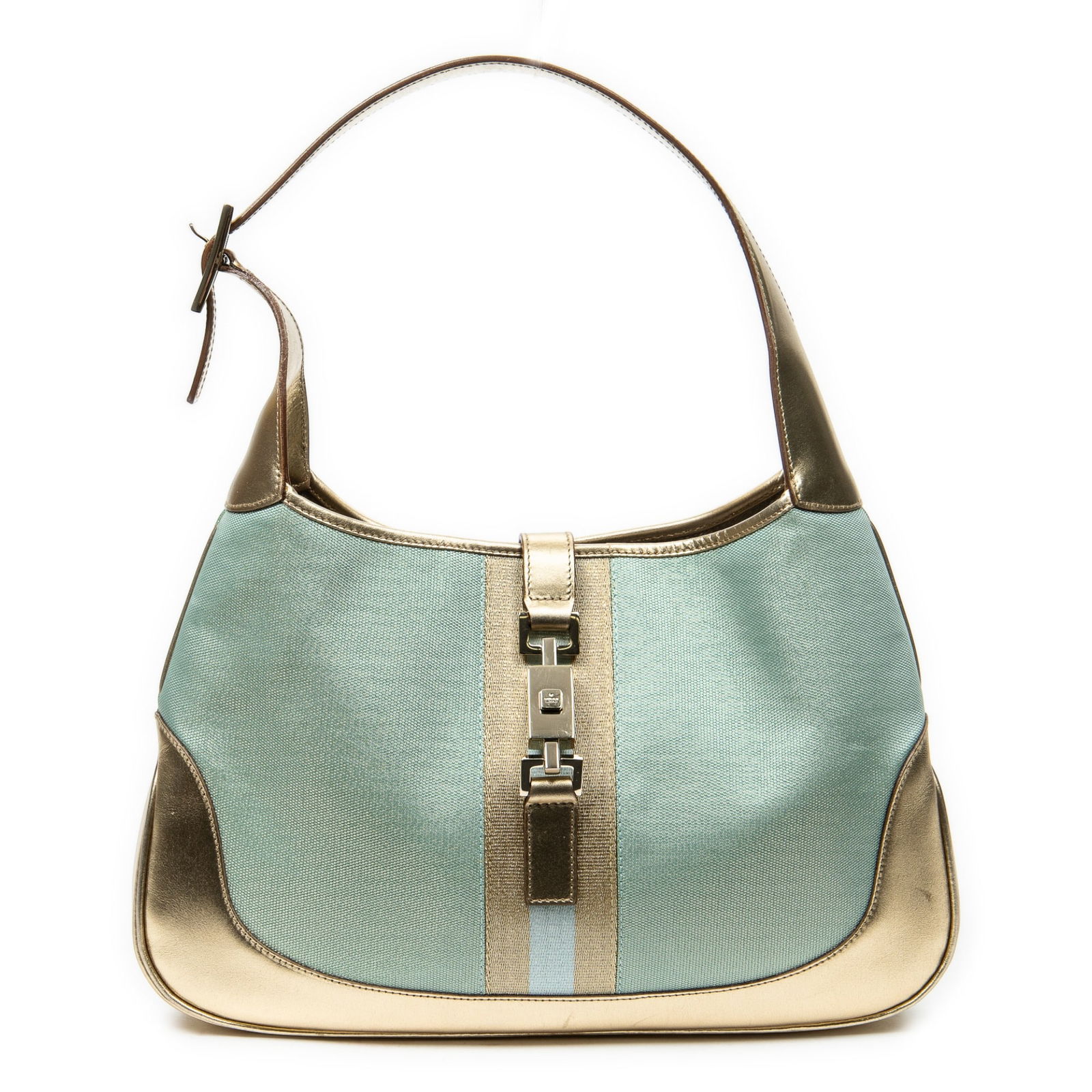 Gucci Jackie O Hobo Shoulder Bag: Gucci Jackie O Hobo shoulder bag in light green and gold canvas, with gold leather handles, and golden hardware, marked 001-3306 002058; third-party authenticated 13 in. x 8.25 in. x 1.5 in. Condition