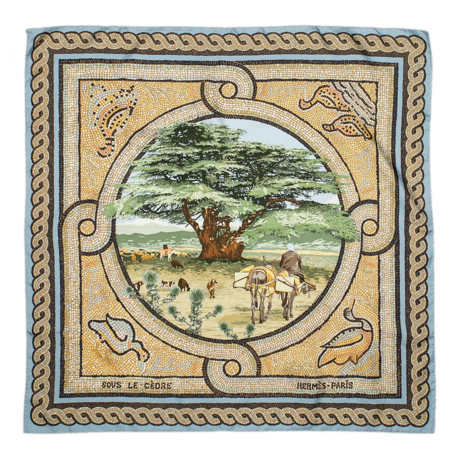 Hermes Sous Le Cedre Silk Scarf: Hermes Sous Le Cedre silk scarf in blue, green, and yellow twill silk, designed by Dimitri Rybaltchenko, includes box and bookletSquare 35.5 in. Condition: AA; perfect condition, showing