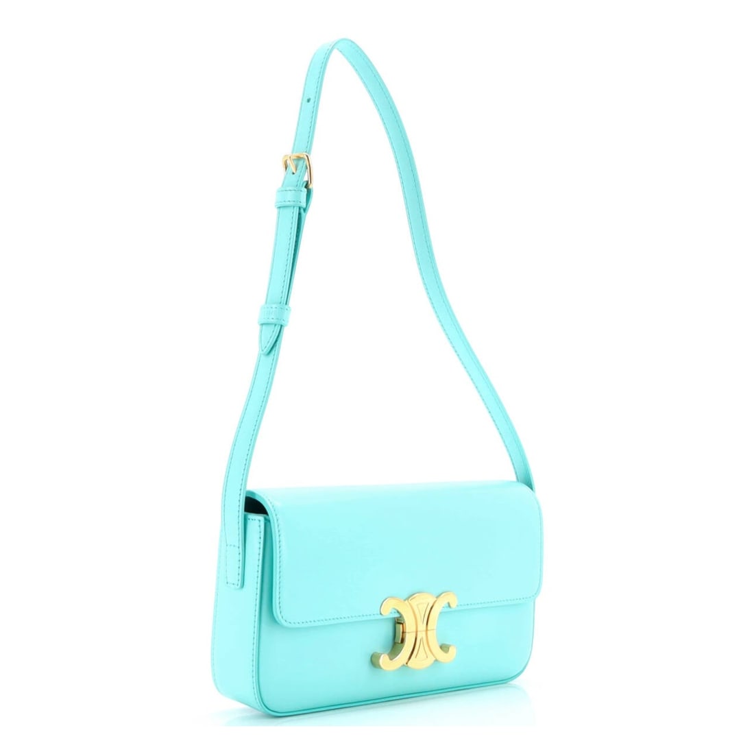 Celine Triomphe East-West Shoulder Bag: Celine Triomphe East-West shoulder bag in blue smooth calfskin leather, with gold-toned hardware, marked S-DR-4291, includes dust bag; third-party authenticated7.75 in. x 4 in. x 1.5 in.Condition AA;