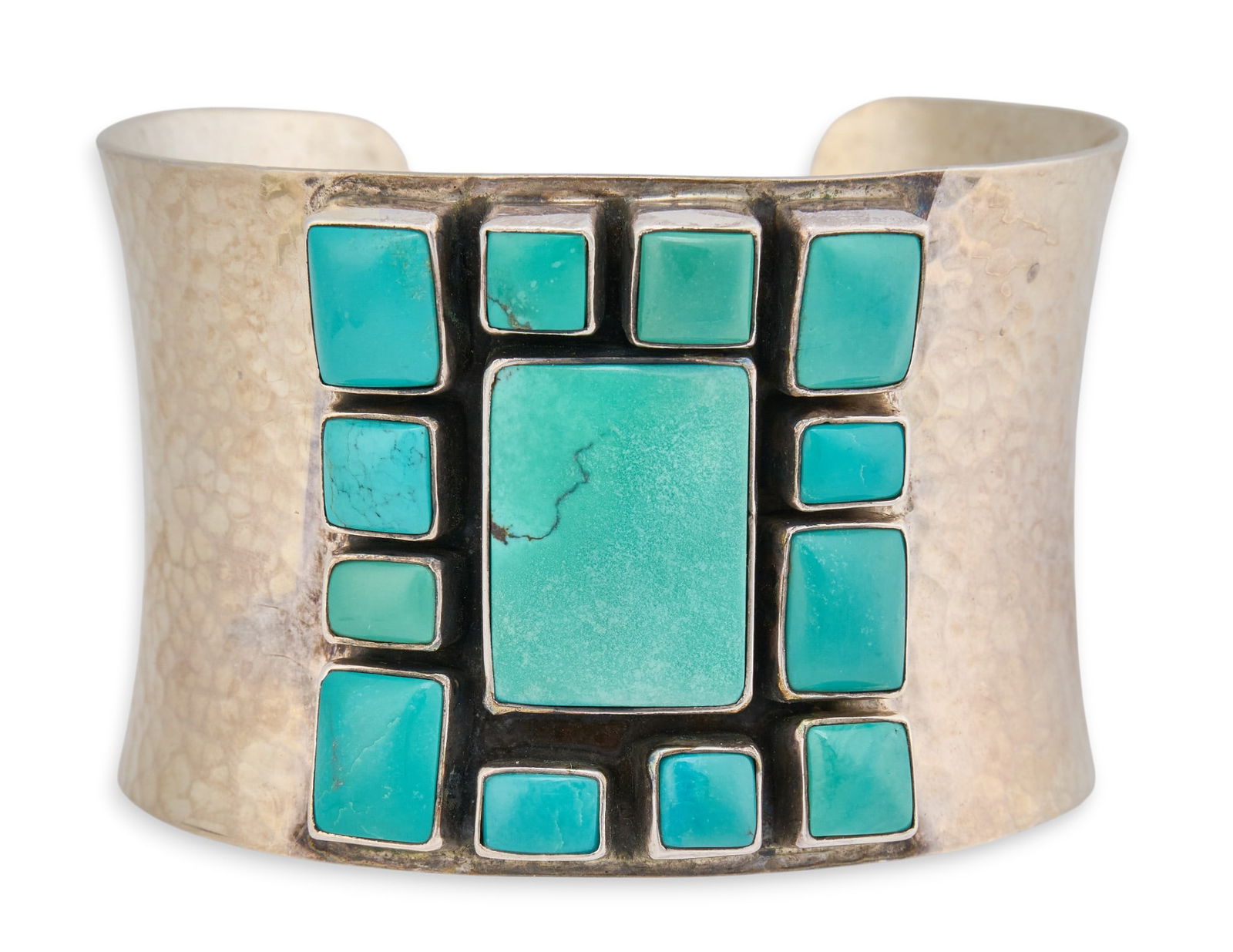 Sterling Silver & Turquoise Cuff: Sterling silver cuff bracelet with inlaid turquoise stones, marked "925 P.B." Circumference: 7 in.Total weight: 2.52 ozt